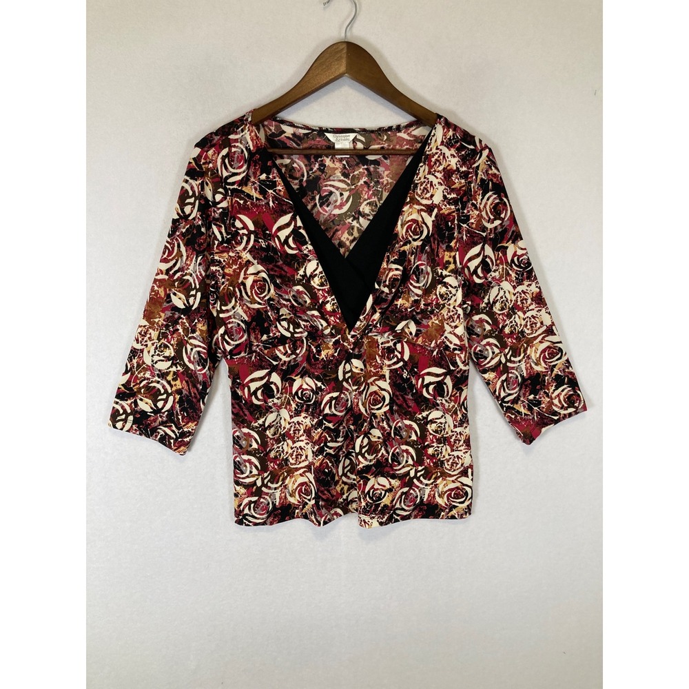 Romantic Christopher & Banks Women‎ M Red Floral Faux Wrap 3/4 Sleeve Top